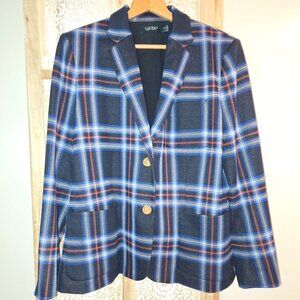 Lauren Ralph Lauren Plaid Blazer Women’s XL Navy Blue Gold Buttons